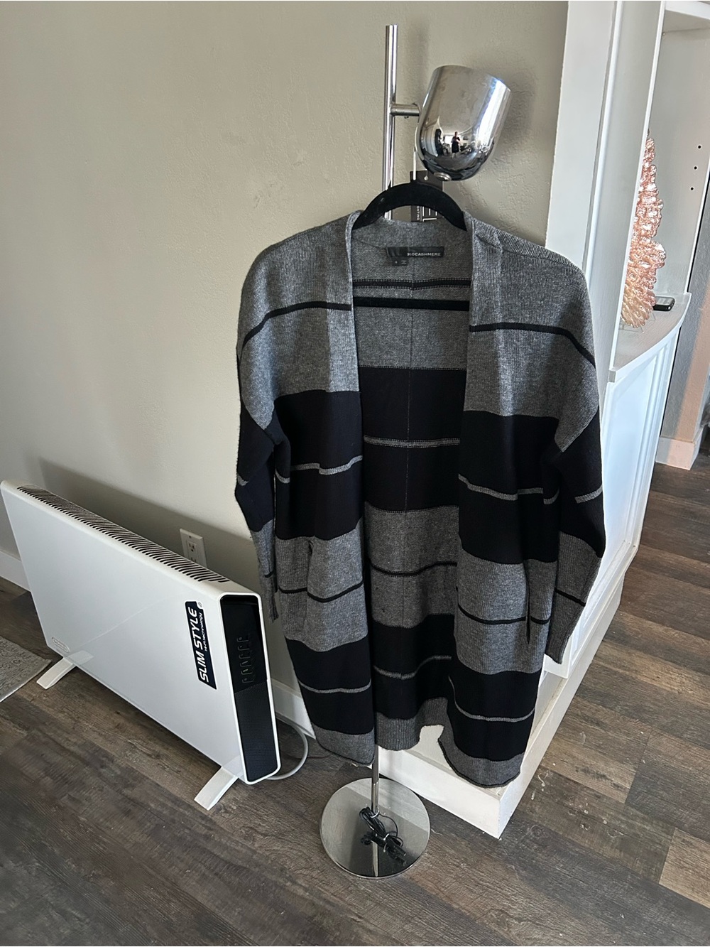 360 Cashmere Gray and Black Striped Open Cardigan